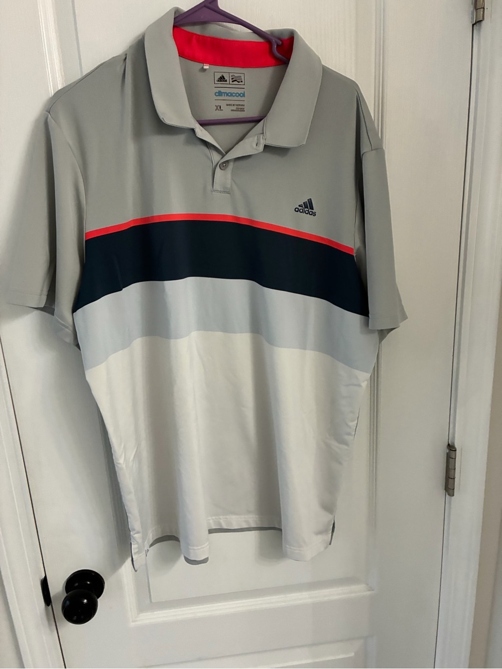 adidas Men’s Light Gray, Navy & White Polo with Red Trim